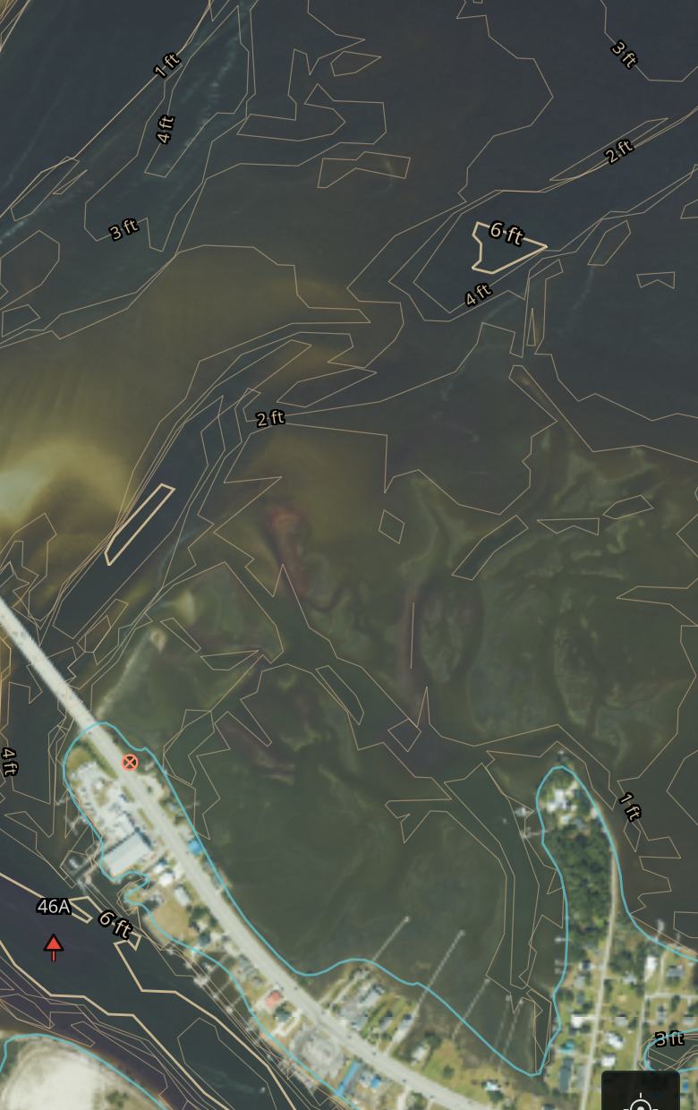 A standard chart view of a marsh complex: depth contours over satellite imagery
