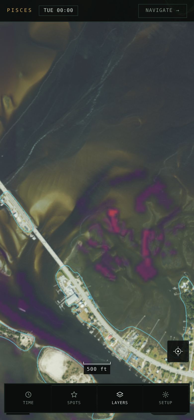 Pisces planning view: the presence forecast glowing over Bogue Sound satellite imagery